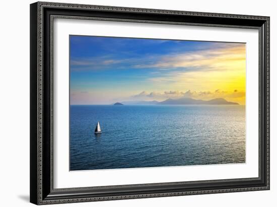 Elba Island Sunset View from Piombino an Sail Boat. Mediterranean Sea. Italy-stevanzz-Framed Photographic Print