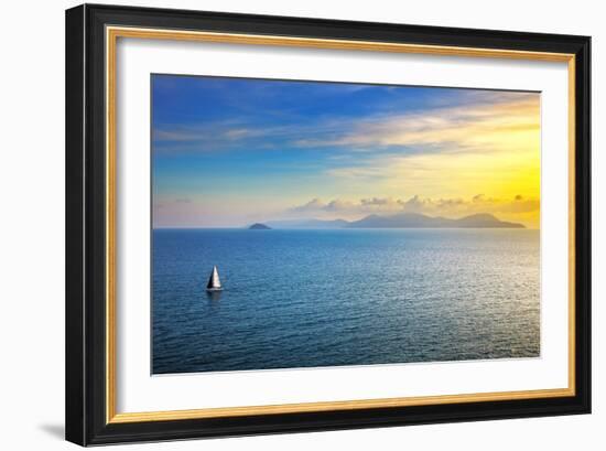 Elba Island Sunset View from Piombino an Sail Boat. Mediterranean Sea. Italy-stevanzz-Framed Photographic Print