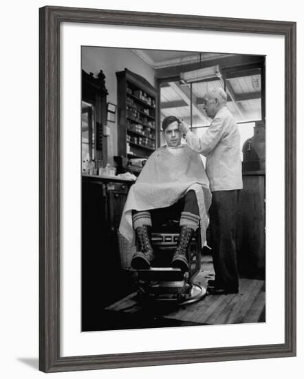 Elderly Barber Cutting Young Man's Hair-Yale Joel-Framed Photographic Print