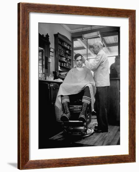 Elderly Barber Cutting Young Man's Hair-Yale Joel-Framed Photographic Print