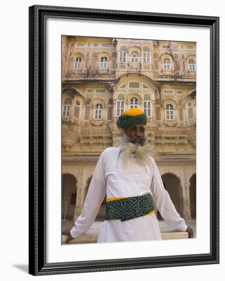 Elderly Museum Guard in White Uniform with Yellow and Green Turban, Meherangarh Fort-Eitan Simanor-Framed Photographic Print