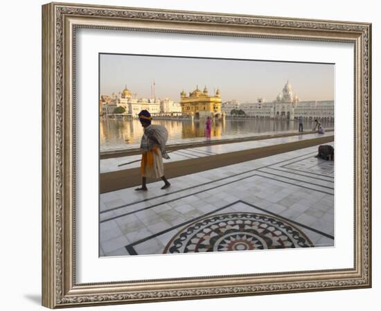 Elderly Sikh Pilgrim with Bundle and Stick Walking Around Holy Pool, Amritsar, India-Eitan Simanor-Framed Photographic Print