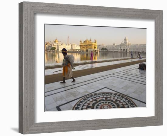 Elderly Sikh Pilgrim with Bundle and Stick Walking Around Holy Pool, Amritsar, India-Eitan Simanor-Framed Photographic Print