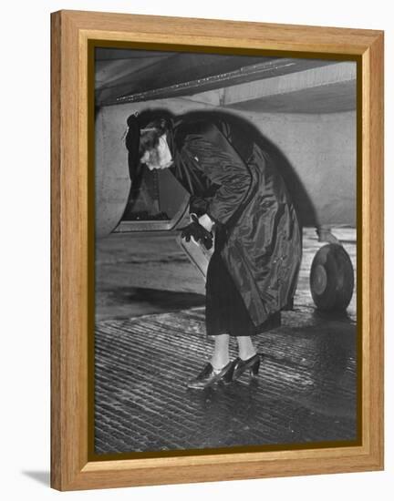 Eleanor Roosevelt Examining Rear Turret-Gunner's Compartment under the Tail Assembly of US Bomber-null-Framed Premier Image Canvas