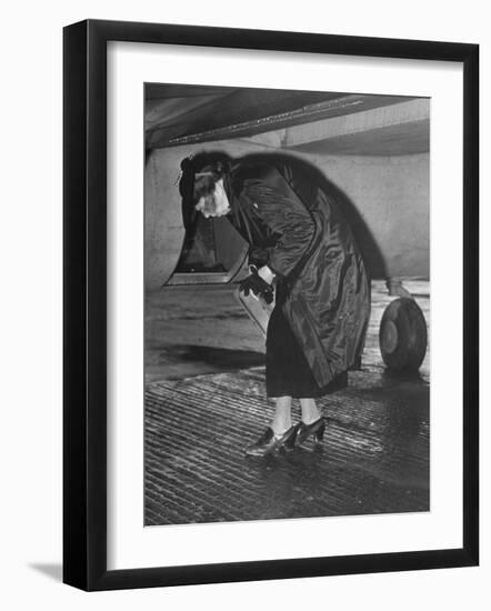 Eleanor Roosevelt Examining Rear Turret-Gunner's Compartment under the Tail Assembly of US Bomber-null-Framed Photographic Print