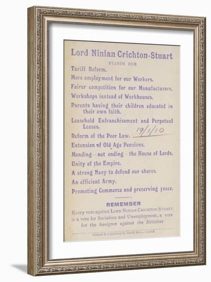 Election Manifesto of Lord Ninian Crichton-Stuart, British Unionist Politician, 1910-null-Framed Giclee Print