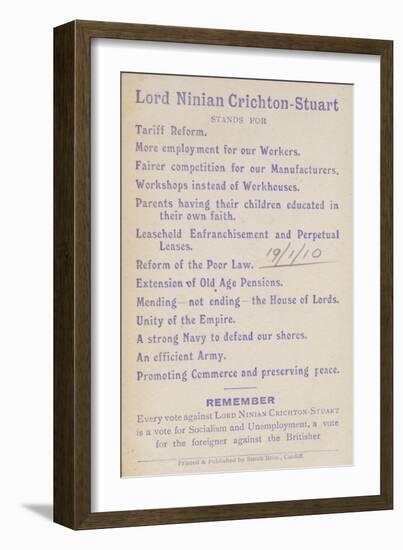 Election Manifesto of Lord Ninian Crichton-Stuart, British Unionist Politician, 1910-null-Framed Giclee Print