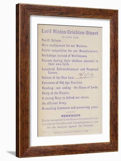 Election Manifesto of Lord Ninian Crichton-Stuart, British Unionist Politician, 1910-null-Framed Giclee Print