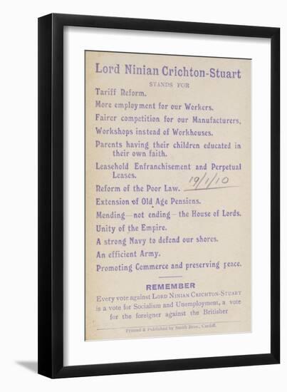 Election Manifesto of Lord Ninian Crichton-Stuart, British Unionist Politician, 1910-null-Framed Giclee Print