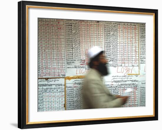 Electoral Worker Passes Election Results Posted on Wall at a Counting Center in Kabul, Afghanistan-null-Framed Photographic Print