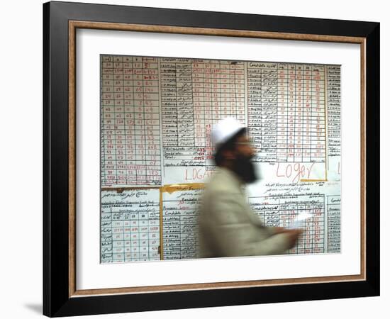 Electoral Worker Passes Election Results Posted on Wall at a Counting Center in Kabul, Afghanistan-null-Framed Photographic Print