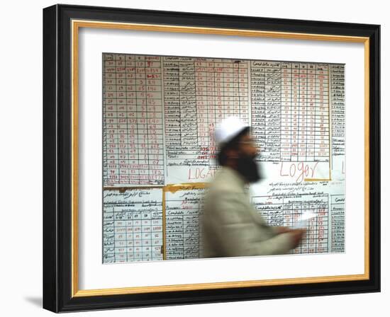 Electoral Worker Passes Election Results Posted on Wall at a Counting Center in Kabul, Afghanistan-null-Framed Photographic Print