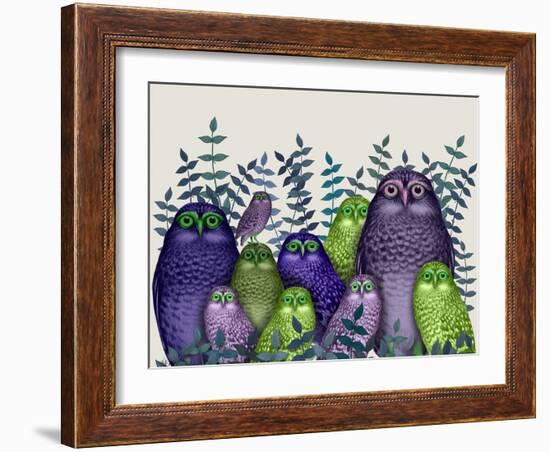 Electric Owls, Purple and Lime-Fab Funky-Framed Art Print