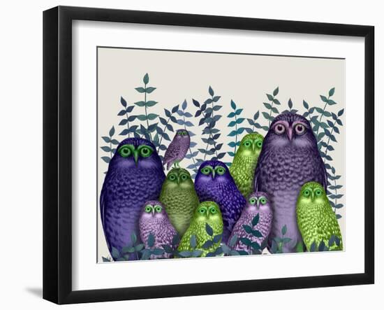 Electric Owls, Purple and Lime-Fab Funky-Framed Art Print