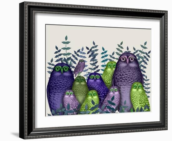 Electric Owls, Purple and Lime-Fab Funky-Framed Art Print