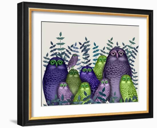 Electric Owls, Purple and Lime-Fab Funky-Framed Art Print