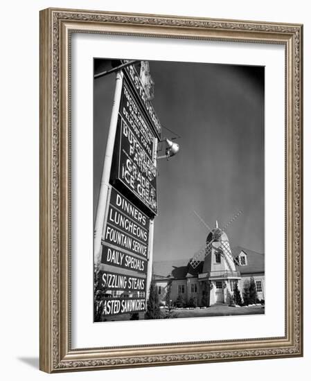 Electric Sign in Front of Restaurant Featuring Dutch Windmill Theme on Roadside of US Highway 1-Margaret Bourke-White-Framed Photographic Print