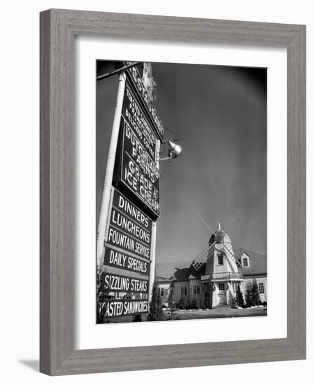 Electric Sign in Front of Restaurant Featuring Dutch Windmill Theme on Roadside of US Highway 1-Margaret Bourke-White-Framed Photographic Print