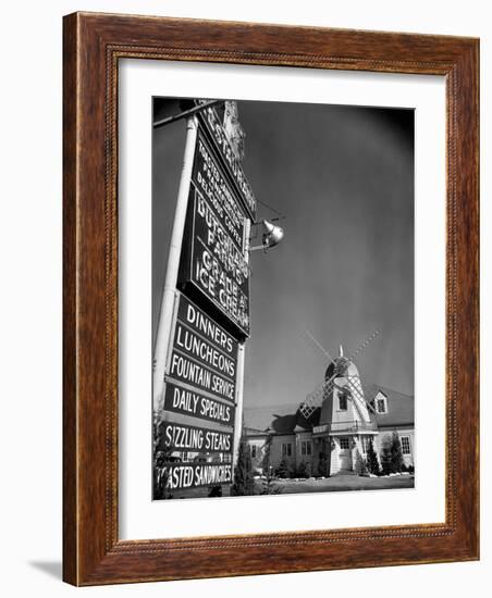 Electric Sign in Front of Restaurant Featuring Dutch Windmill Theme on Roadside of US Highway 1-Margaret Bourke-White-Framed Photographic Print