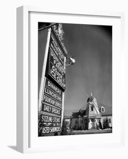 Electric Sign in Front of Restaurant Featuring Dutch Windmill Theme on Roadside of US Highway 1-Margaret Bourke-White-Framed Photographic Print