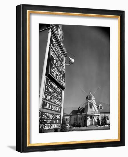 Electric Sign in Front of Restaurant Featuring Dutch Windmill Theme on Roadside of US Highway 1-Margaret Bourke-White-Framed Photographic Print