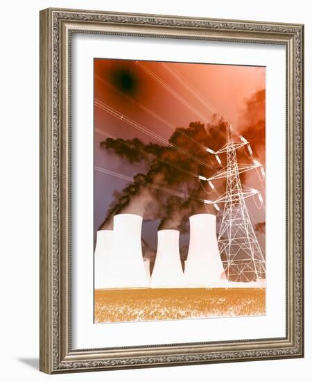 Electrical Wires in Front of Smoke Stacks Polluting the Sky-null-Framed Photographic Print