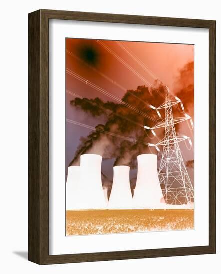 Electrical Wires in Front of Smoke Stacks Polluting the Sky-null-Framed Photographic Print