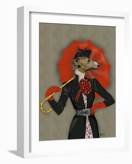 Elegant Greyhound and Red Umbrella-Fab Funky-Framed Art Print