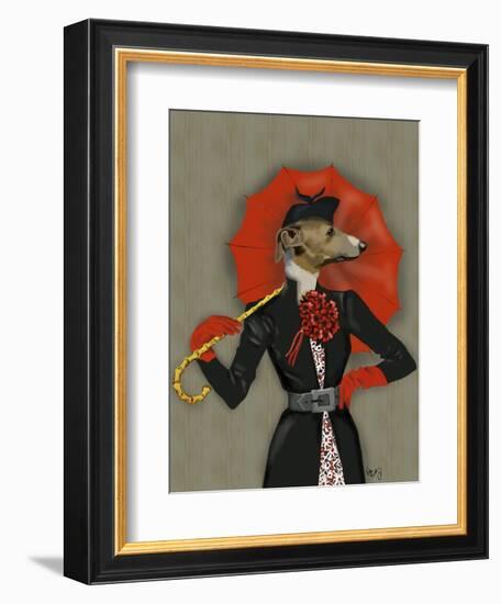 Elegant Greyhound and Red Umbrella-Fab Funky-Framed Premium Giclee Print