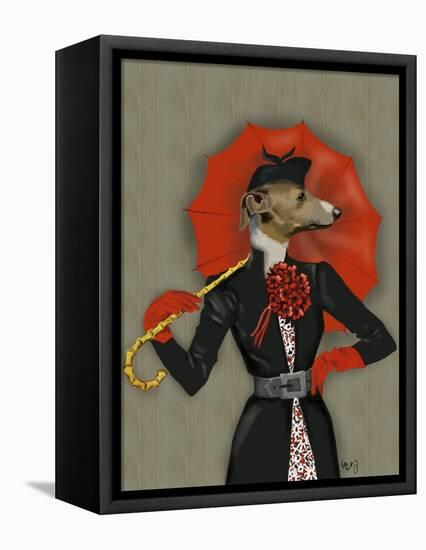 Elegant Greyhound and Red Umbrella-Fab Funky-Framed Stretched Canvas