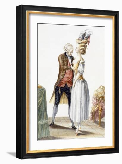 Elegant Lady at a Fitting with Her Tailor, Plate from 'Galerie Des Modes Et Costumes Francais'-Pierre Thomas Le Clerc-Framed Giclee Print