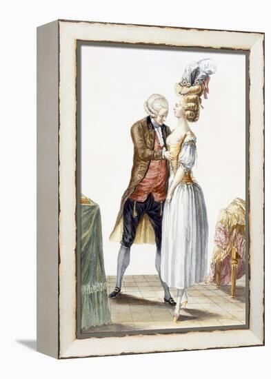 Elegant Lady at a Fitting with Her Tailor, Plate from 'Galerie Des Modes Et Costumes Francais'-Pierre Thomas Le Clerc-Framed Premier Image Canvas