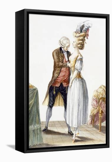 Elegant Lady at a Fitting with Her Tailor, Plate from 'Galerie Des Modes Et Costumes Francais'-Pierre Thomas Le Clerc-Framed Premier Image Canvas