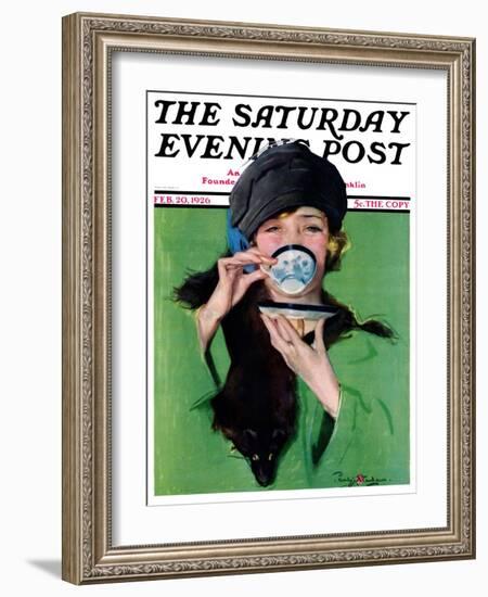 "Elegant Lady Drinking Cup of Tea," Saturday Evening Post Cover, February 20, 1926-Penrhyn Stanlaws-Framed Giclee Print