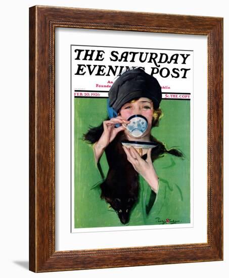 "Elegant Lady Drinking Cup of Tea," Saturday Evening Post Cover, February 20, 1926-Penrhyn Stanlaws-Framed Giclee Print