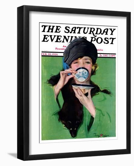 "Elegant Lady Drinking Cup of Tea," Saturday Evening Post Cover, February 20, 1926-Penrhyn Stanlaws-Framed Giclee Print