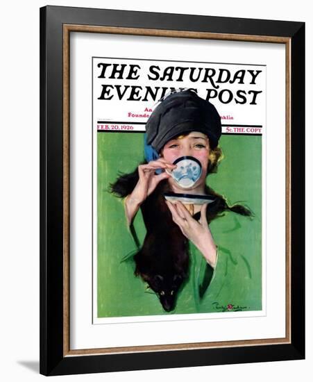 "Elegant Lady Drinking Cup of Tea," Saturday Evening Post Cover, February 20, 1926-Penrhyn Stanlaws-Framed Giclee Print