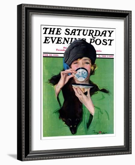 "Elegant Lady Drinking Cup of Tea," Saturday Evening Post Cover, February 20, 1926-Penrhyn Stanlaws-Framed Giclee Print