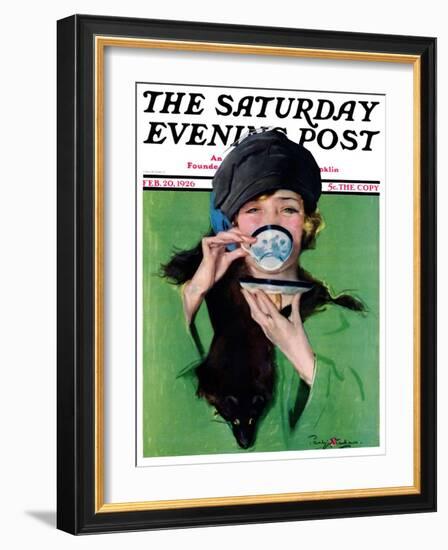 "Elegant Lady Drinking Cup of Tea," Saturday Evening Post Cover, February 20, 1926-Penrhyn Stanlaws-Framed Giclee Print