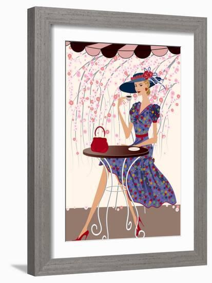 Elegant Woman Drinking Coffee at a Cafe-Milovelen-Framed Premium Giclee Print