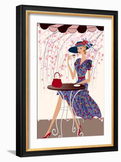 Elegant Woman Drinking Coffee at a Cafe-Milovelen-Framed Premium Giclee Print