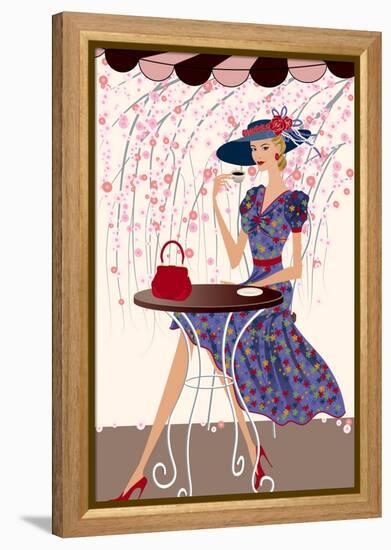 Elegant Woman Drinking Coffee at a Cafe-Milovelen-Framed Stretched Canvas