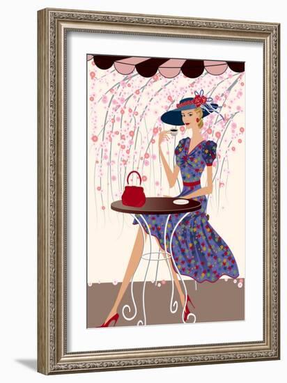 Elegant Woman Drinking Coffee at a Cafe-Milovelen-Framed Art Print