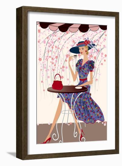 Elegant Woman Drinking Coffee at a Cafe-Milovelen-Framed Art Print