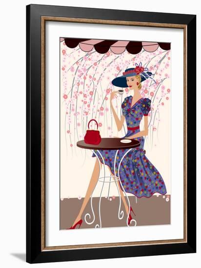 Elegant Woman Drinking Coffee at a Cafe-Milovelen-Framed Art Print