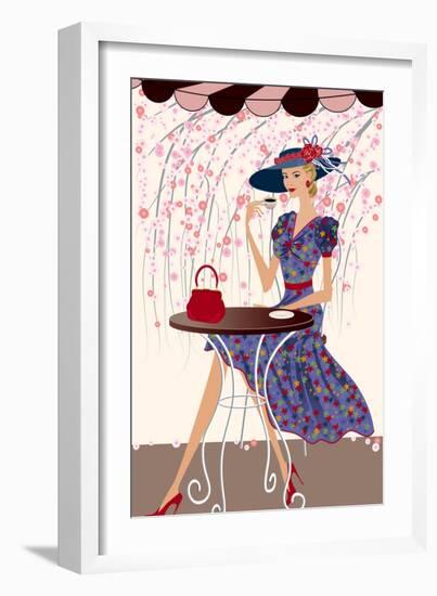 Elegant Woman Drinking Coffee at a Cafe-Milovelen-Framed Art Print