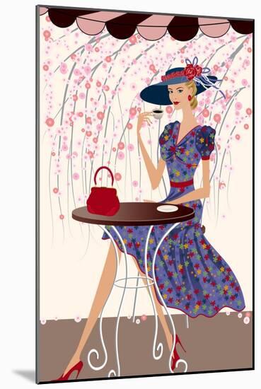 Elegant Woman Drinking Coffee at a Cafe-Milovelen-Mounted Art Print