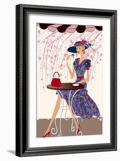 Elegant Woman Drinking Coffee at a Cafe-Milovelen-Framed Art Print