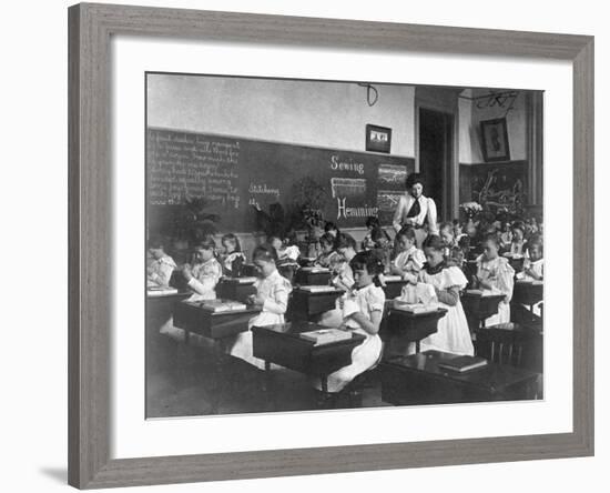 Elementary School Girls Learning Sewing-null-Framed Photographic Print