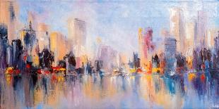 Skyline City View with Reflections on Water. Original Oil Painting on Canvas,-Elen11-Framed Premier Image Canvas